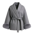 Manteau en laine à manches bouffantes et ceinture à la taille pour femme