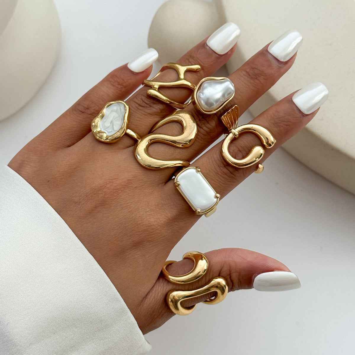 Ensemble de bagues ouvertes avec perles Bague géométrique
