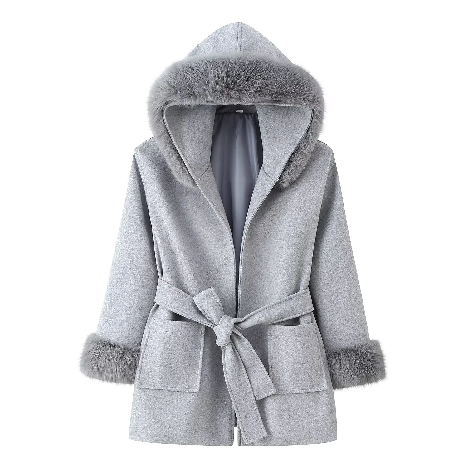 Manteau en laine avec col en fourrure de renard