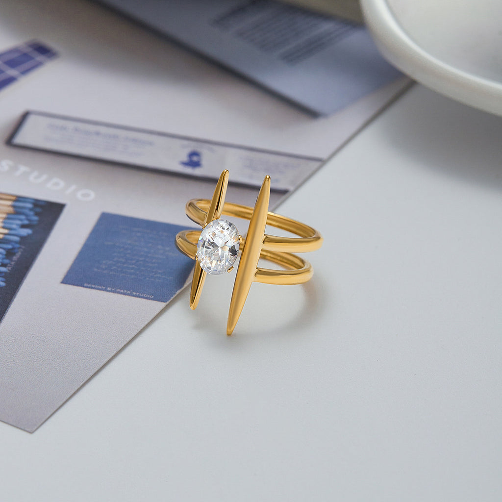 Bague géométrique en zircon et acier inoxydable