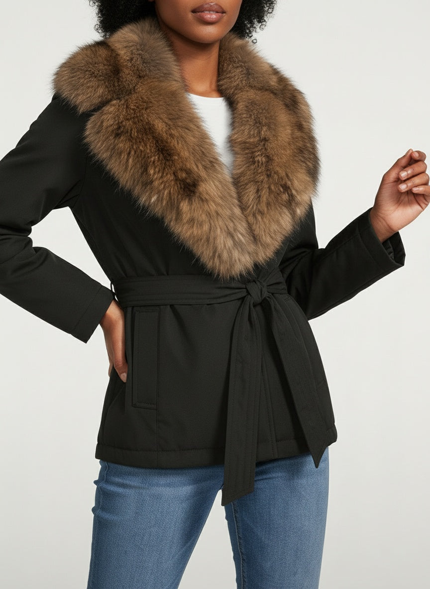 Élégant manteau en laine avec col en fourrure