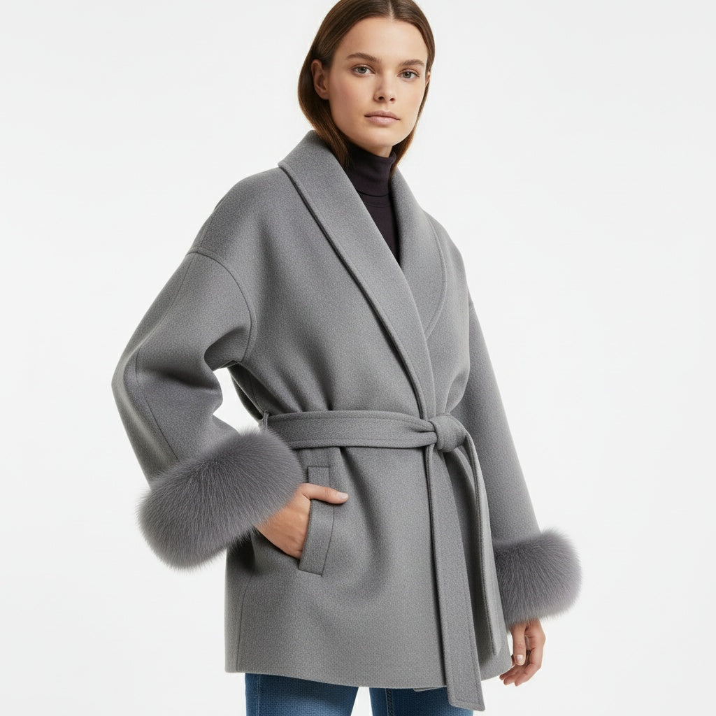 Manteau en laine à manches bouffantes et ceinture à la taille pour femme
