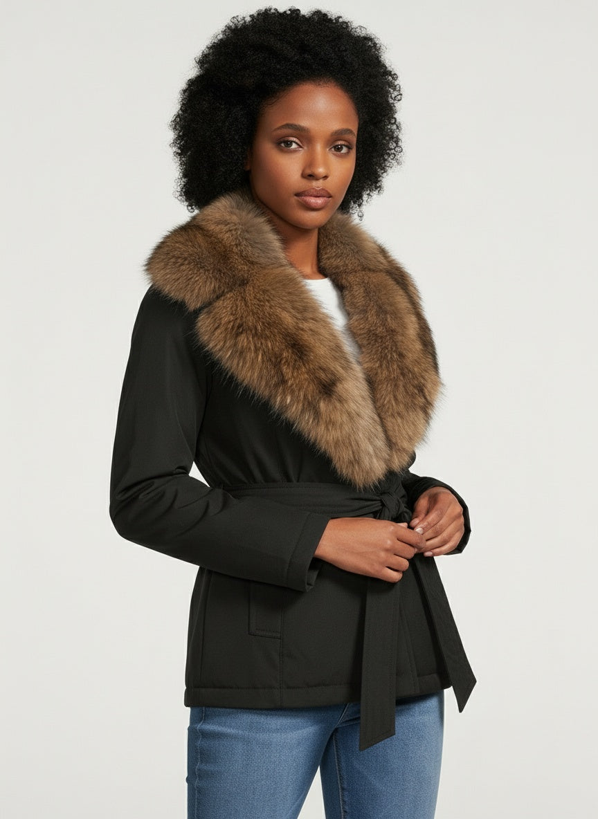 Élégant manteau en laine avec col en fourrure