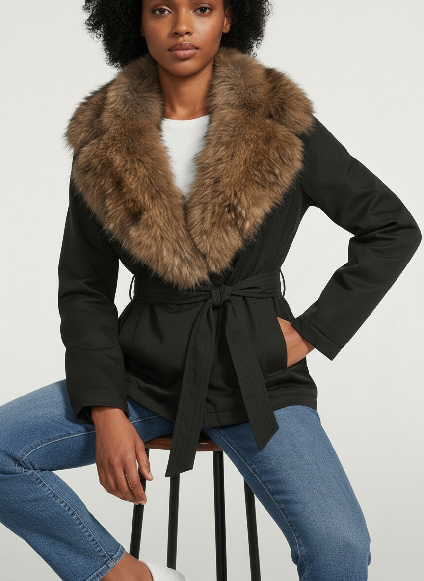 Élégant manteau en laine avec col en fourrure