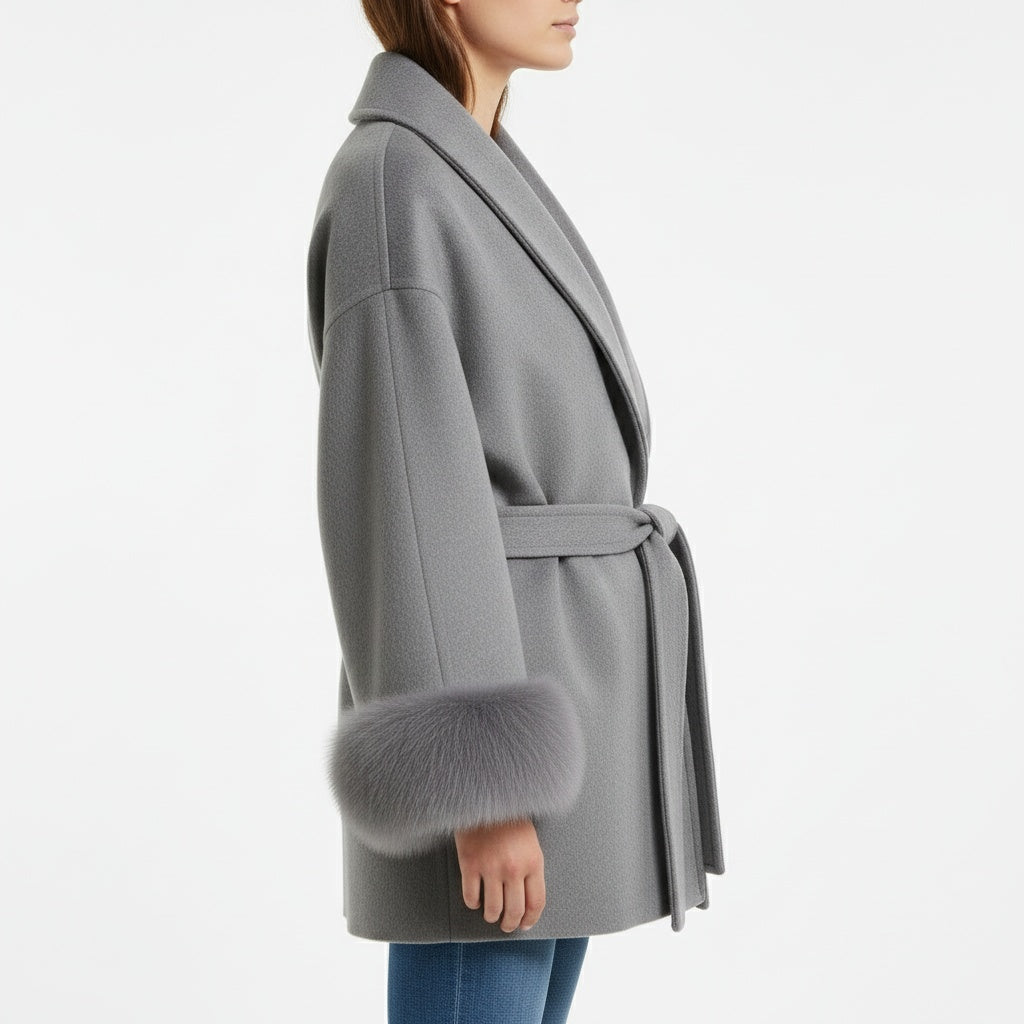 Manteau en laine à manches bouffantes et ceinture à la taille pour femme