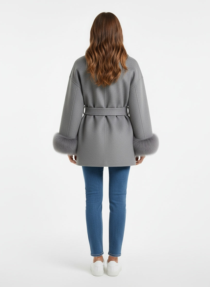 Manteau en laine à manches bouffantes et ceinture à la taille pour femme